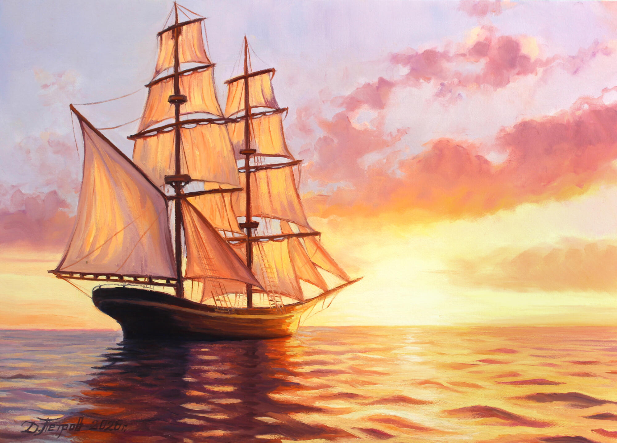 По пътя на една мечта - картина с кораб и залез